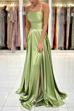 Vestidos de Noite Sage Simples Longo em Cetim com Corte em A e Fenda