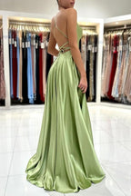 Vestidos de Noite Sage Simples Longo em Cetim com Corte em A e Fenda