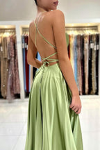 Vestidos de Noite Sage Simples Longo em Cetim com Corte em A e Fenda