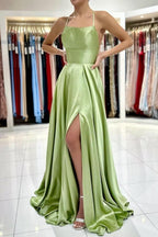 Vestidos de Noite Sage Simples Longo em Cetim com Corte em A e Fenda
