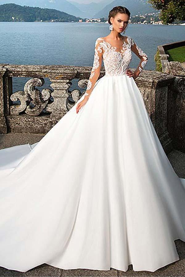 Vestidos de novia de satén con escote barco y corte A con apliques de encaje