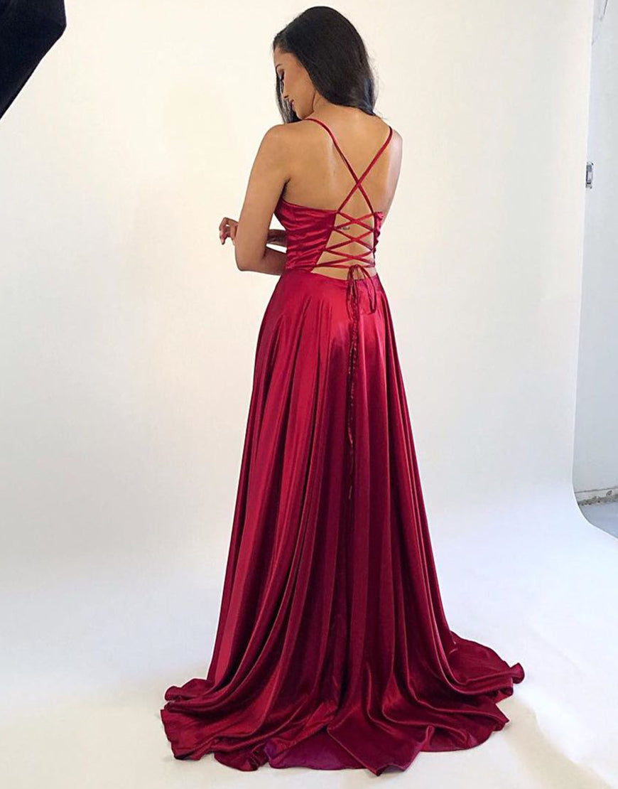 Langes dunkelrotes Satin-Ballkleid