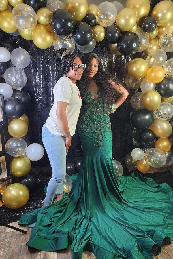 Vestido longo de baile com decote em V, sem mangas, estilo sereia, com bordados de contas