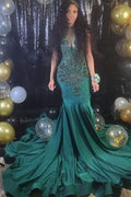 Vestido longo de baile com decote em V, sem mangas, estilo sereia, com bordados de contas