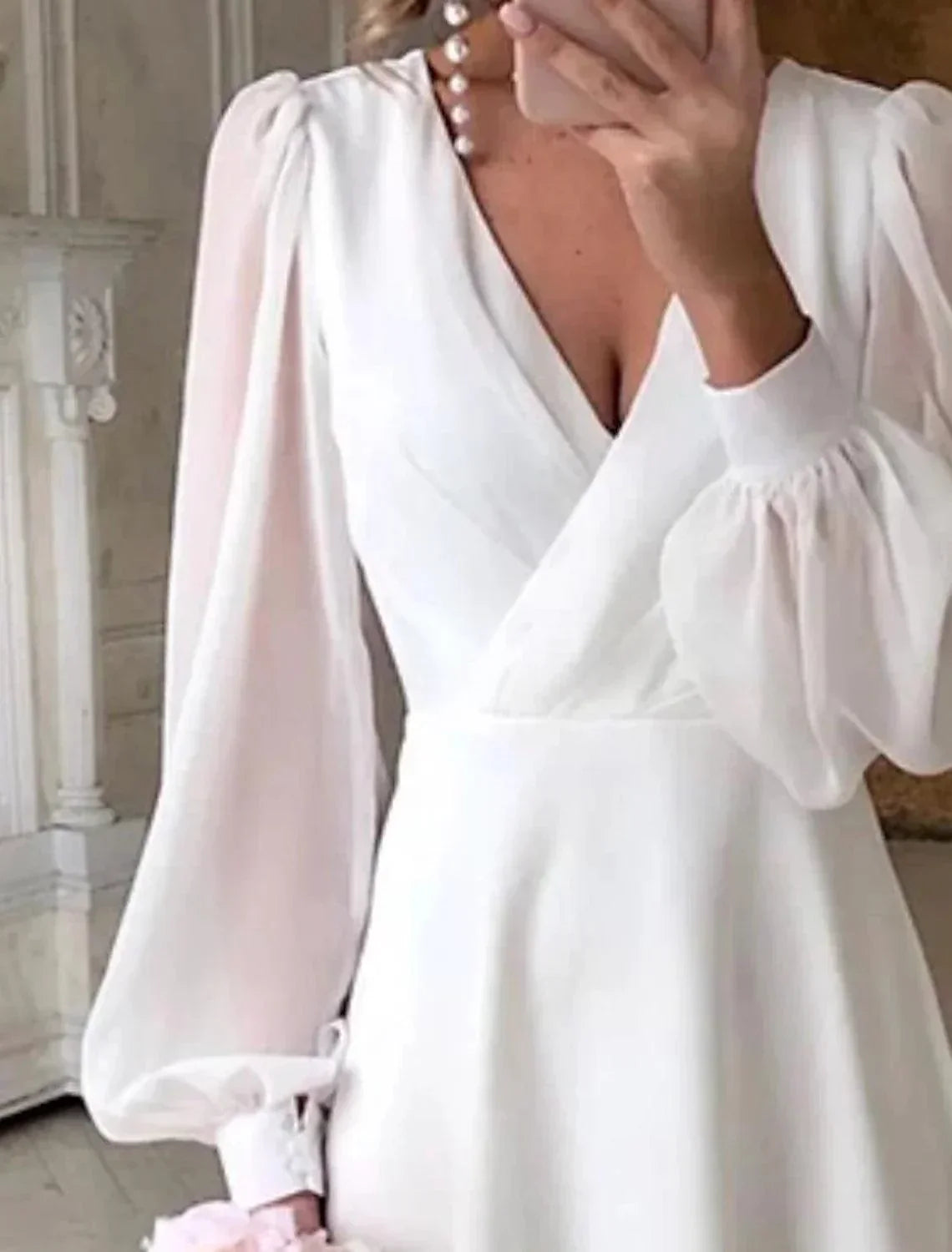 Vestidos de Noiva Pequenos Vestidos Brancos de Receção Vestidos de Noiva Linha A Decote em V Manga Comprida Comprimento até ao Tornozelo Vestidos Nupciais de Chiffon com Cor Sólida