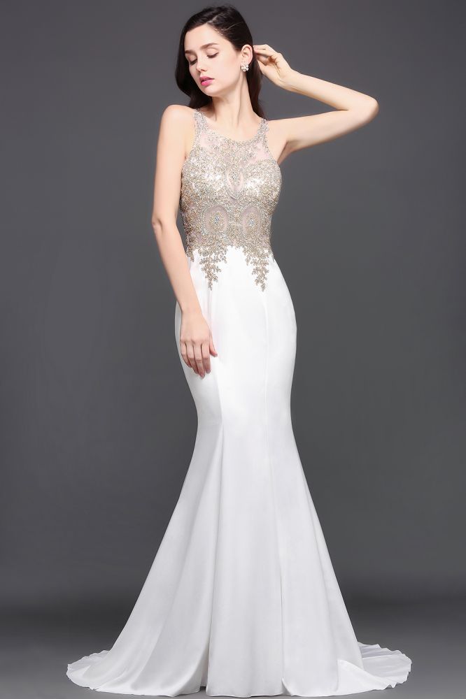 Robe de bal sirène à appliques en mousseline à encolure dégagée