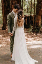 Vestidos de Noiva em Chiffon de Manga Comprida Scoop, Vestido Nupcial Marfim Sem Costas