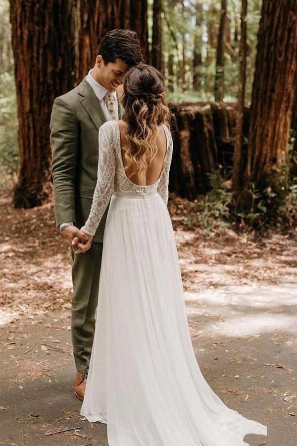 Vestidos de Noiva em Chiffon de Manga Comprida Scoop, Vestido Nupcial Marfim Sem Costas