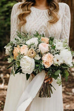 Vestidos de Noiva em Chiffon de Manga Comprida Scoop, Vestido Nupcial Marfim Sem Costas