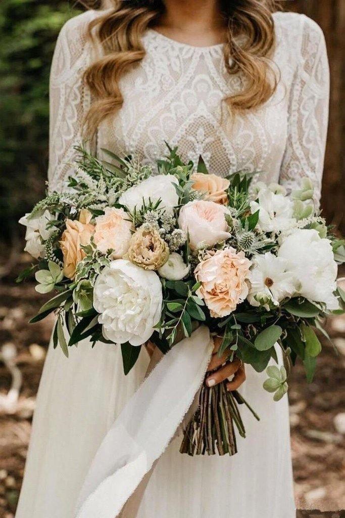 Vestidos de Noiva em Chiffon de Manga Comprida Scoop, Vestido Nupcial Marfim Sem Costas