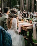 Vestidos de Noiva em Chiffon de Manga Comprida Scoop, Vestido Nupcial Marfim Sem Costas