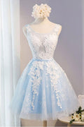 Vestido de fiesta corto de tul con escote redondo y apliques de encaje PG137