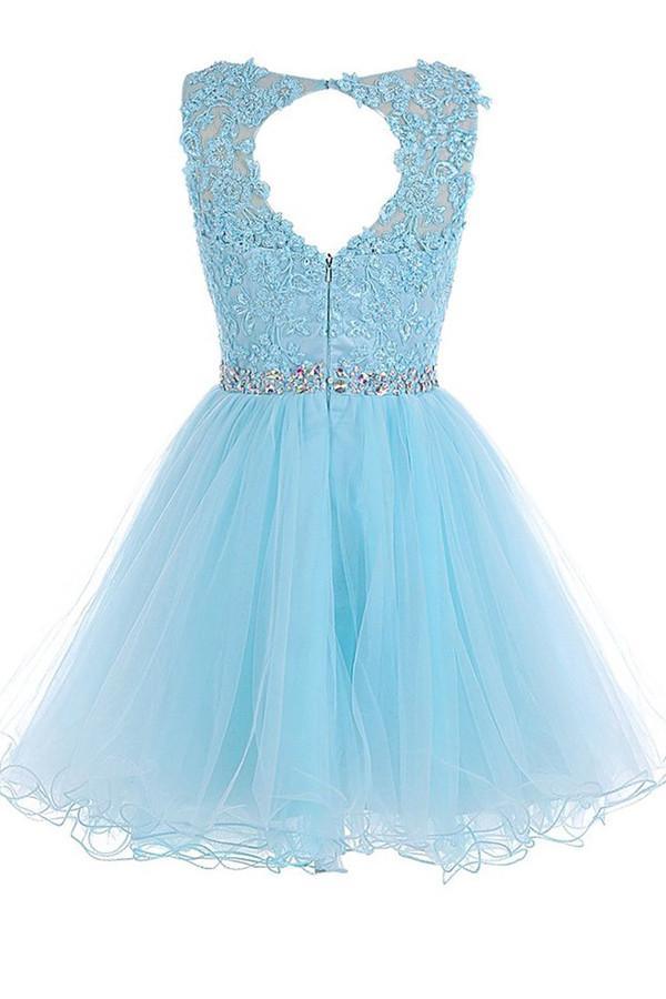Vestido de fiesta de tul azul corto con escote redondo y cremallera