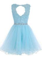 Vestido de fiesta de tul azul corto con escote redondo y cremallera