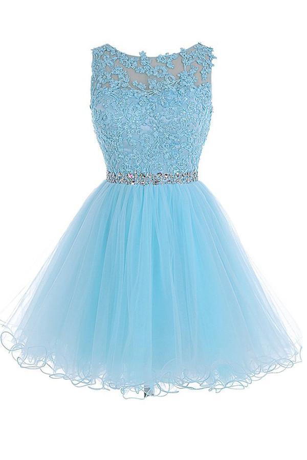 Vestido de fiesta de tul azul corto con escote redondo y cremallera