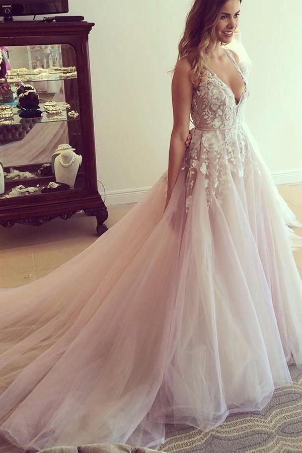 Robe longue de mariage/soirée à encolure en V avec applications