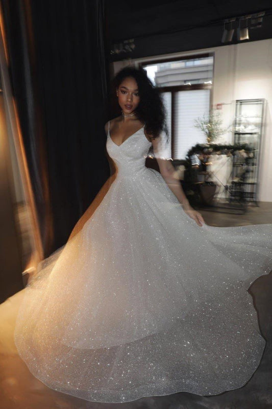 Shiny Sequins Spaghetti Straps A Line Wedding Dress Radiant Sparkle