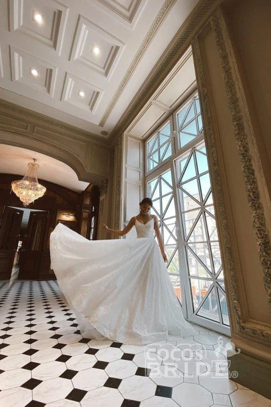 Shiny Sequins Spaghetti Straps A Line Wedding Dress Radiant Sparkle
