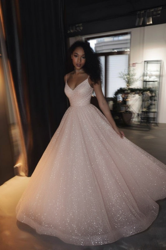 Shiny Sequins Spaghetti Straps A Line Wedding Dress Radiant Sparkle