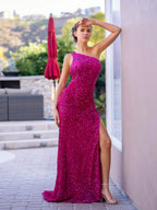 Fuchsia Meerjungfrau One-Shoulder Pailletten Langes Ballkleid mit Schlitz