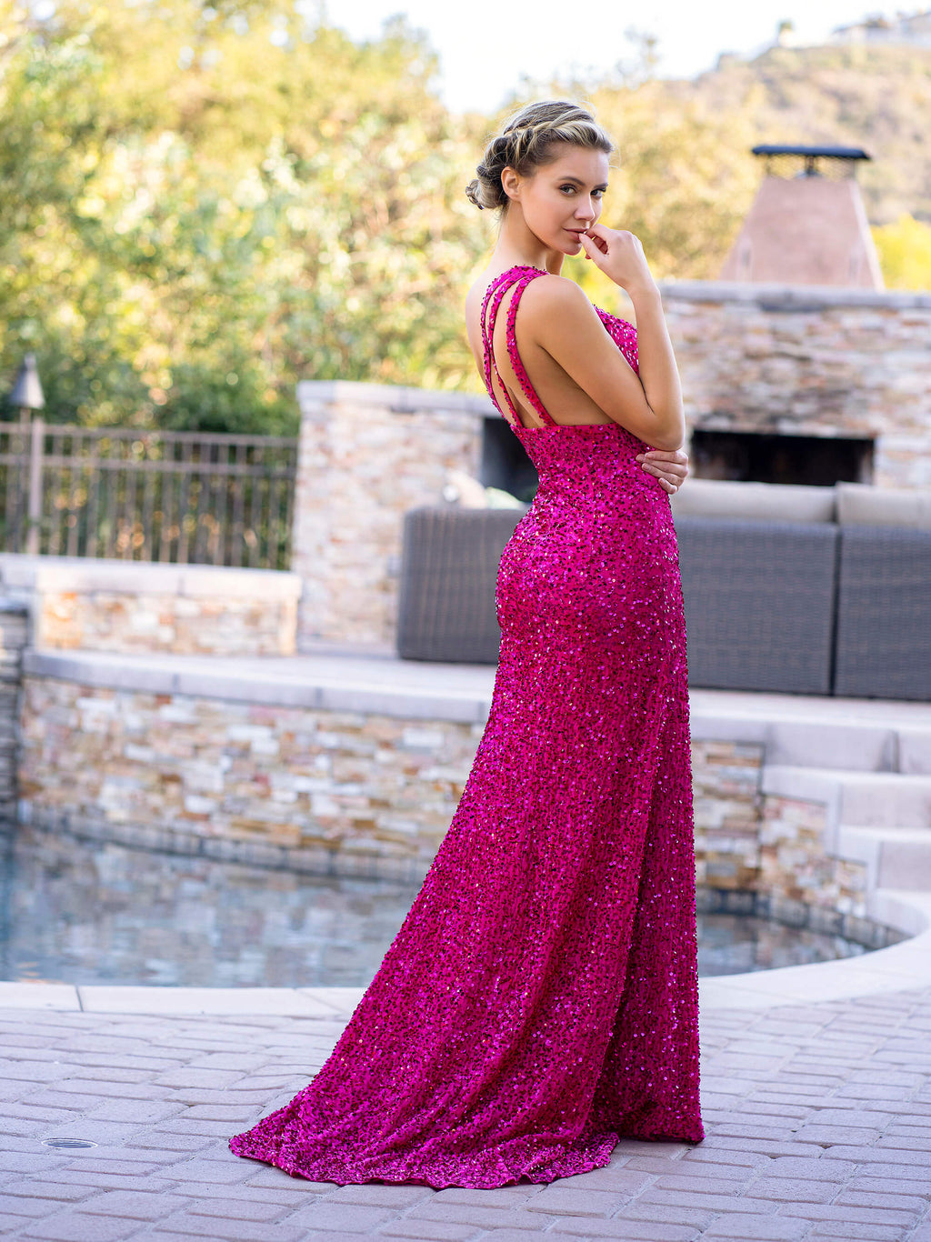 Fuchsia Meerjungfrau One-Shoulder Pailletten Langes Ballkleid mit Schlitz
