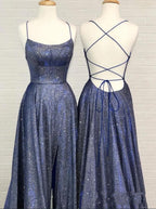 Robe de bal longue en soie éclatante, dos nu, coupe évasée et fente sexy