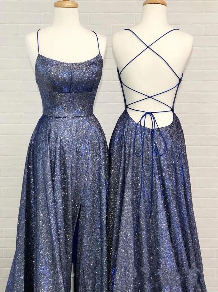 Robe de bal longue en soie éclatante, dos nu, coupe évasée et fente sexy