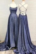 Robe de bal longue en soie éclatante, dos nu, coupe évasée et fente sexy