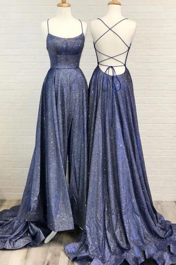 Robe de bal longue en soie éclatante, dos nu, coupe évasée et fente sexy