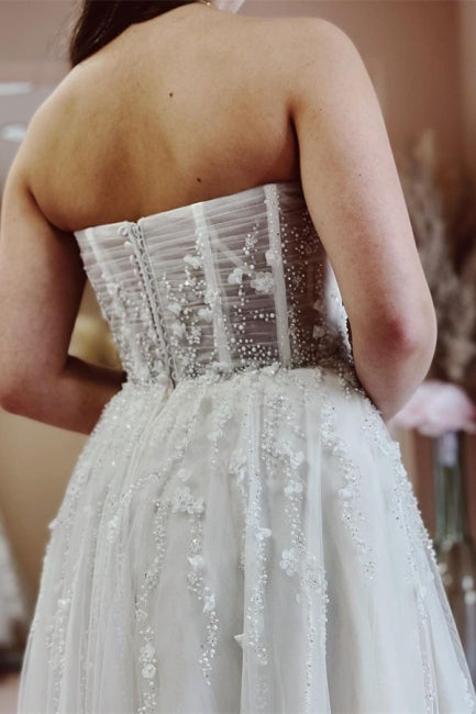 Sexy A-line Long Glitter Lace Sleeveless Wedding Dresses With Slit