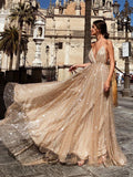 Vestidos de fiesta formales sexis con escote en V, espalda descubierta, largos y brillantes