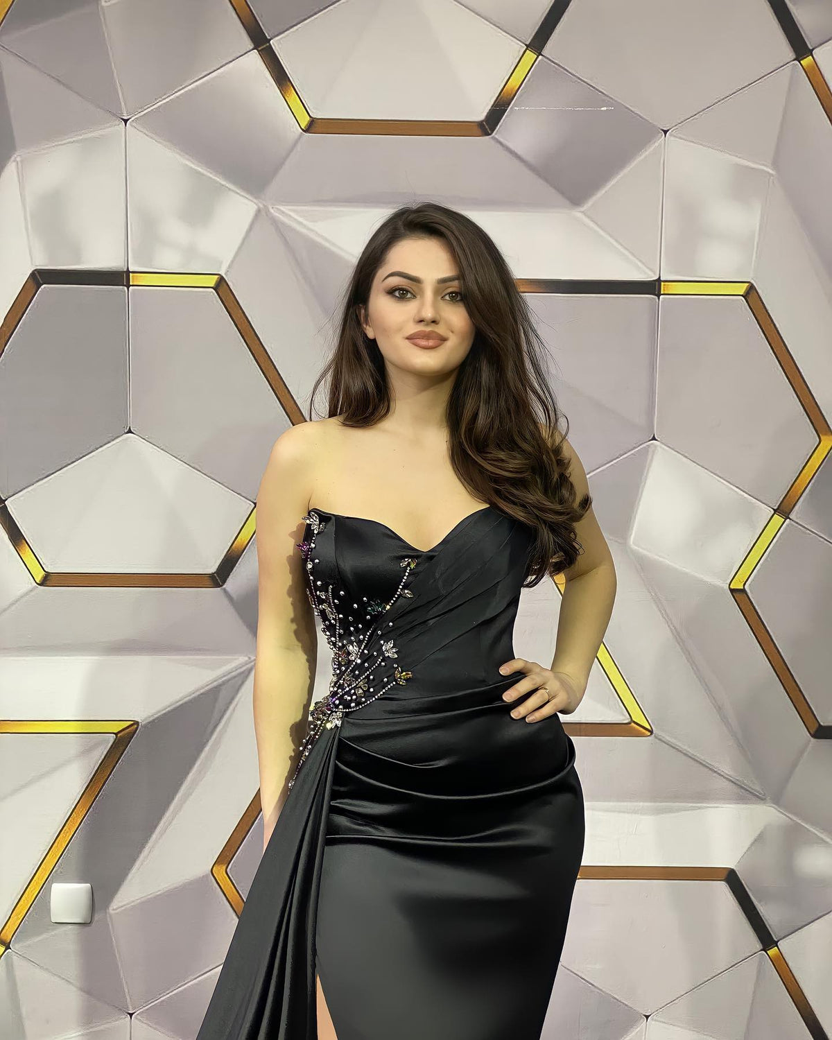Robe de bal longue sirène noire séduisante à décolleté en cœur avec fente