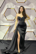 Robe de bal longue sirène noire séduisante à décolleté en cœur avec fente