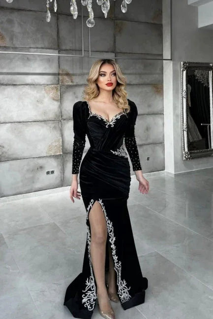 Vestidos de fiesta largos hasta el suelo con columnas de apliques negros con lentejuelas, mangas largas y abertura frontal