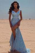 Vestido de Baile Azul Sexy com Decote em V, Lantejoulas e Cauda de Sereia com Fenda