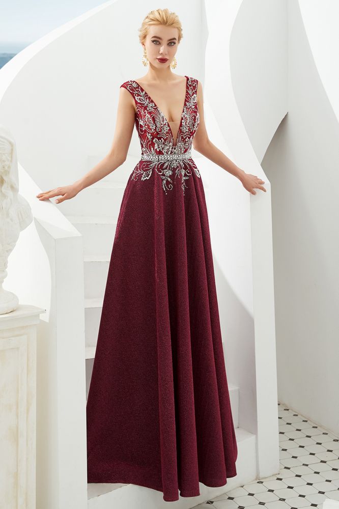 Robe de soirée évasée à décolleté plongeant sexy, sans manches, ornée de cristaux, longue jusqu'au sol, robe de bal, robe de quinceañera