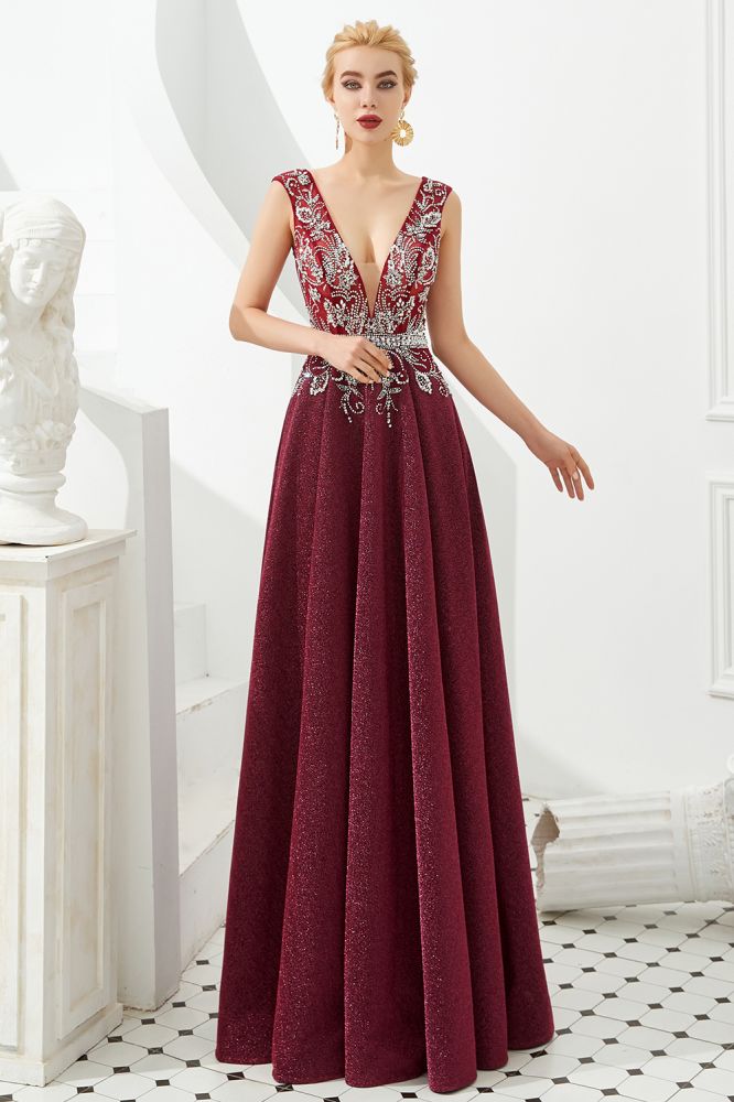 Robe de soirée évasée à décolleté plongeant sexy, sans manches, ornée de cristaux, longue jusqu'au sol, robe de bal, robe de quinceañera