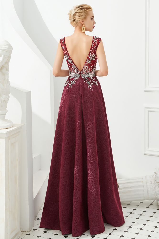 Robe de soirée évasée à décolleté plongeant sexy, sans manches, ornée de cristaux, longue jusqu'au sol, robe de bal, robe de quinceañera