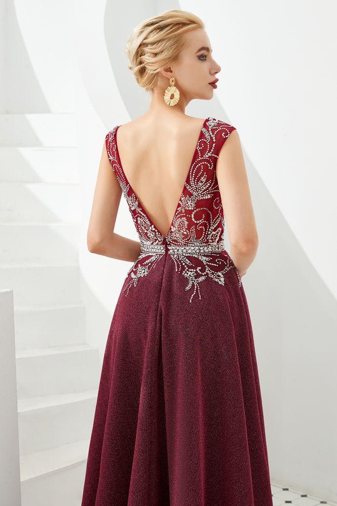 Robe de soirée évasée à décolleté plongeant sexy, sans manches, ornée de cristaux, longue jusqu'au sol, robe de bal, robe de quinceañera