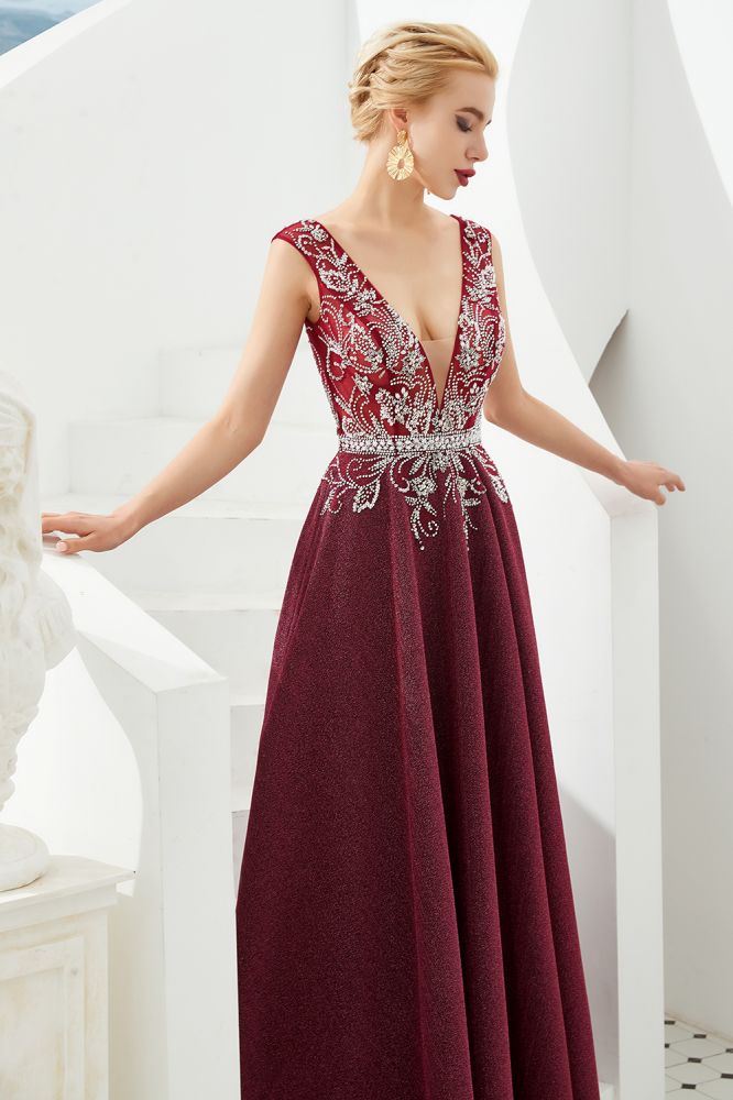 Robe de soirée évasée à décolleté plongeant sexy, sans manches, ornée de cristaux, longue jusqu'au sol, robe de bal, robe de quinceañera