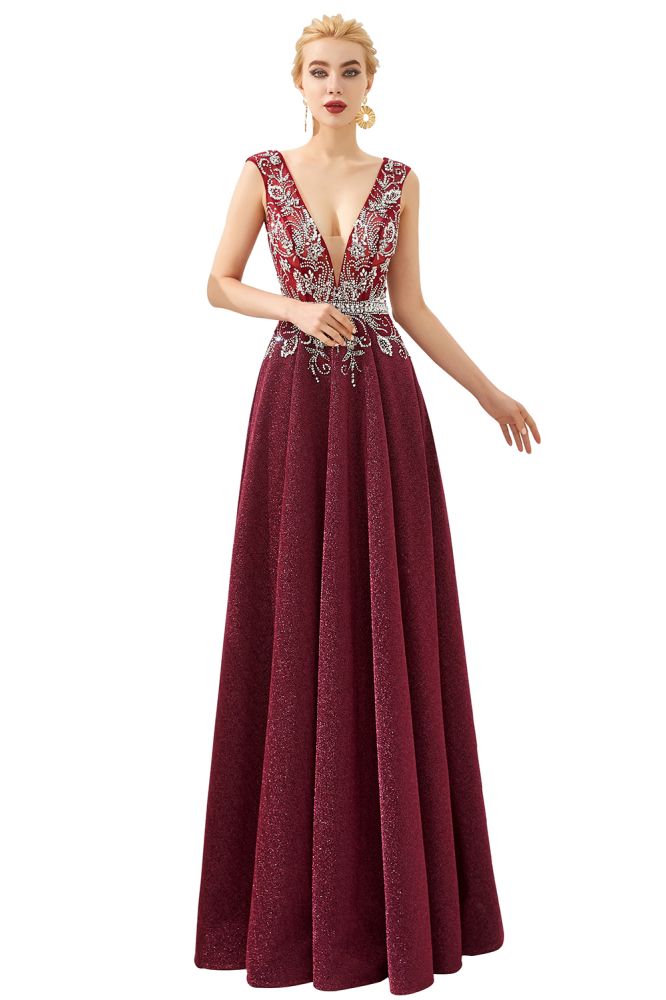 Robe de soirée évasée à décolleté plongeant sexy, sans manches, ornée de cristaux, longue jusqu'au sol, robe de bal, robe de quinceañera