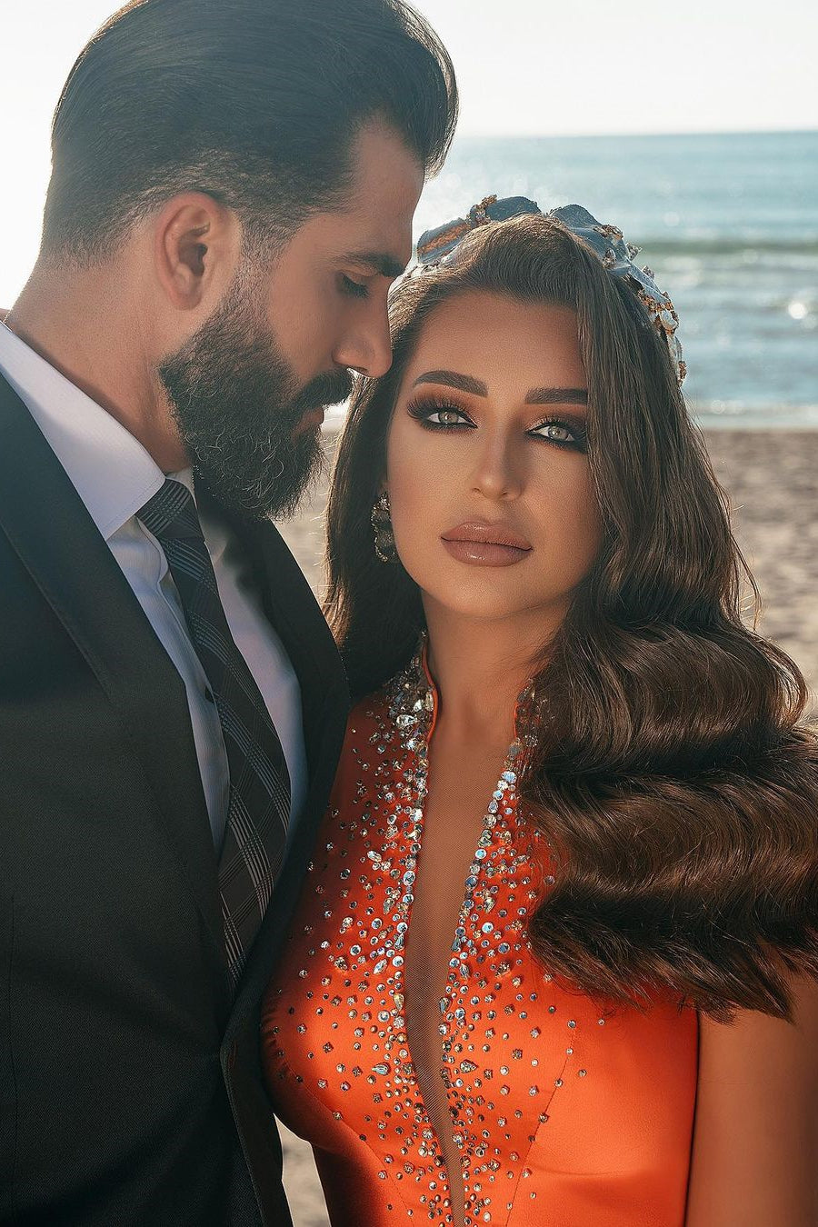 Sexy Deep V-Neck Crystals Satin Mermaid Prom Dress with Sweep Train Side Slit