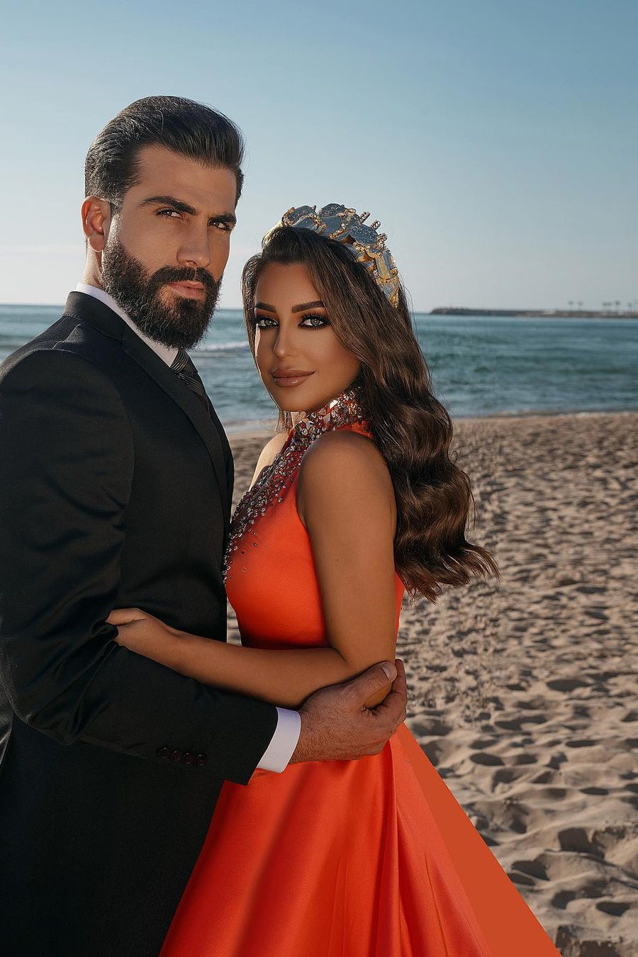 Sexy Deep V-Neck Crystals Satin Mermaid Prom Dress with Sweep Train Side Slit