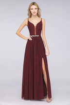 Vestito da damigella sexy senza maniche con scollo profondo a V doppio, volant, spacco laterale in chiffon per serate e feste