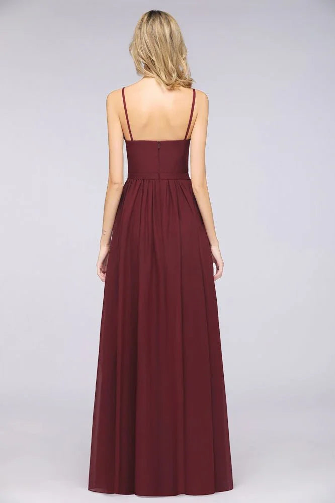 Vestito da damigella sexy senza maniche con scollo profondo a V doppio, volant, spacco laterale in chiffon per serate e feste