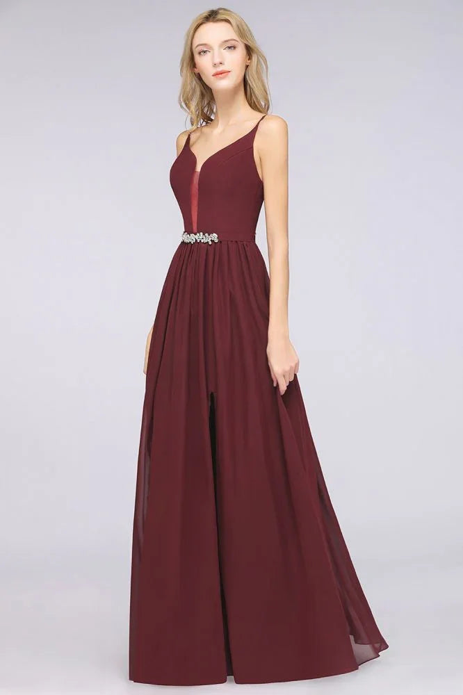 Vestito da damigella sexy senza maniche con scollo profondo a V doppio, volant, spacco laterale in chiffon per serate e feste