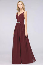 Vestito da damigella sexy senza maniche con scollo profondo a V doppio, volant, spacco laterale in chiffon per serate e feste