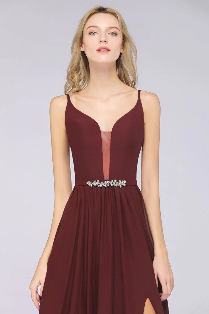 Vestito da damigella sexy senza maniche con scollo profondo a V doppio, volant, spacco laterale in chiffon per serate e feste