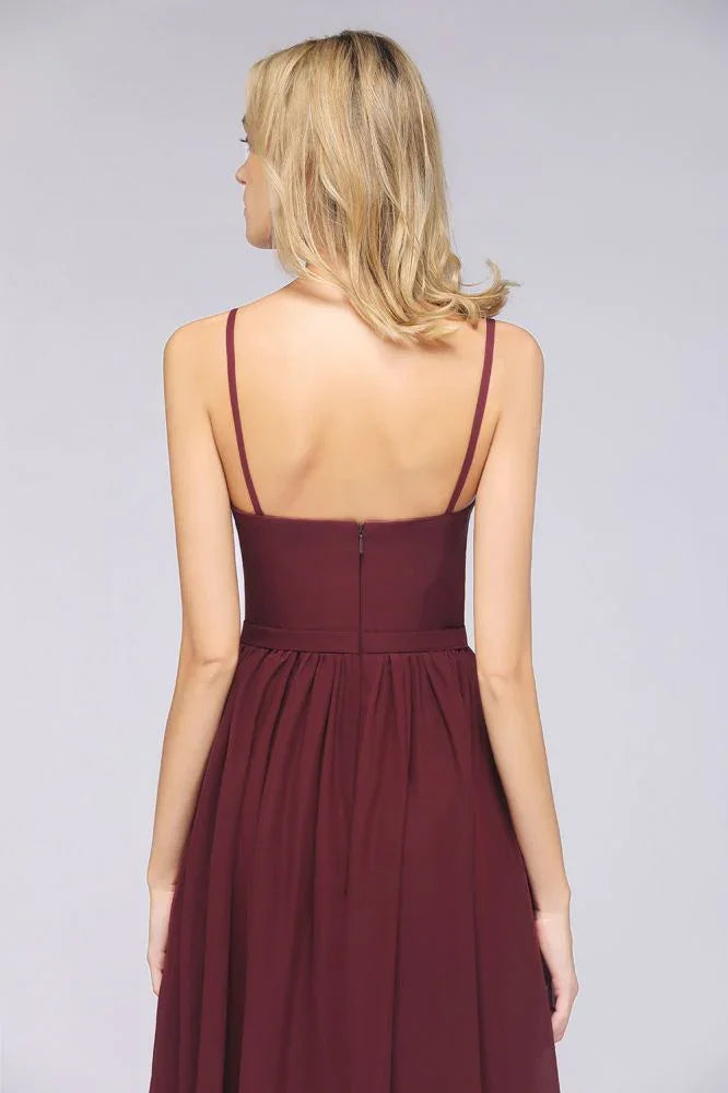 Vestito da damigella sexy senza maniche con scollo profondo a V doppio, volant, spacco laterale in chiffon per serate e feste