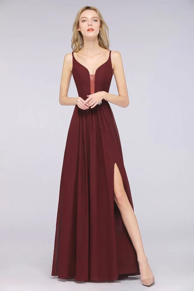 Vestito da damigella sexy senza maniche con scollo profondo a V doppio, volant, spacco laterale in chiffon per serate e feste